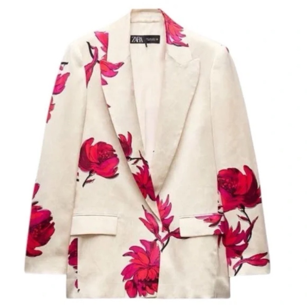Zara Satin Effect Red Floral Print Pant Suit